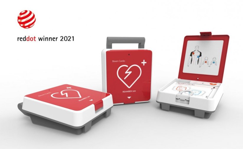 AED Defibrilátor, Reanibex 100 + Kovová AED skřínka s alarmem (bílá) + Resuscitační (KPR) set