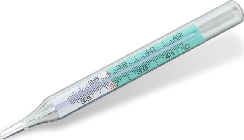 Teploměr lékařský, skleněný, bezrtuťový ve sklepávacím pouzdře - Exatherm