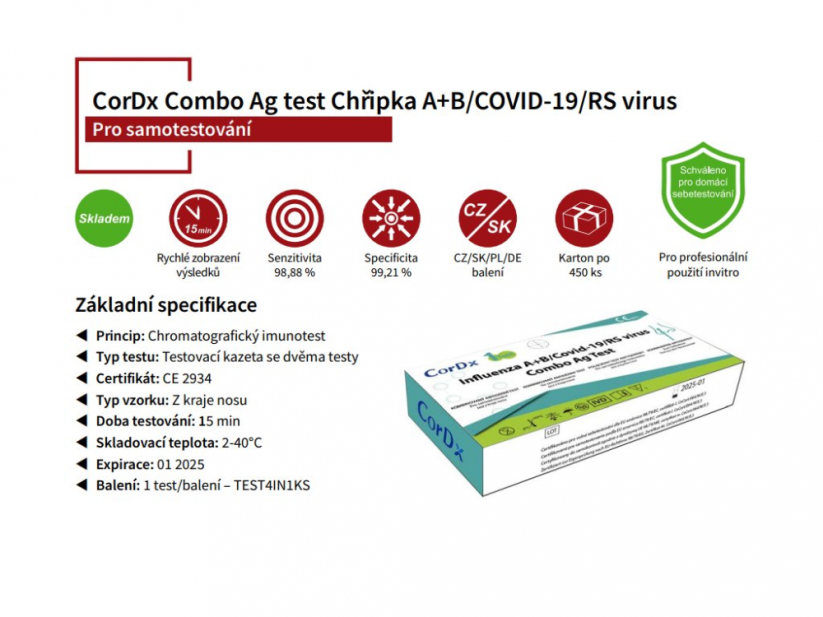 4v1 Combo Test, Covid-19/Chřipka A+B/RS virus, 1ks, výtěr z nosu - CorDx