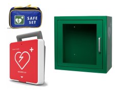 AED Defibrilátor, Reanibex 100 + Kovová AED skřínka s alarmem (zelená) + Resuscitační (KPR) set